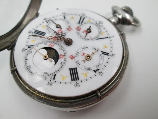 M.P. grand complication pocket watch. 800 silver. Quantiéme Suisse. 1900