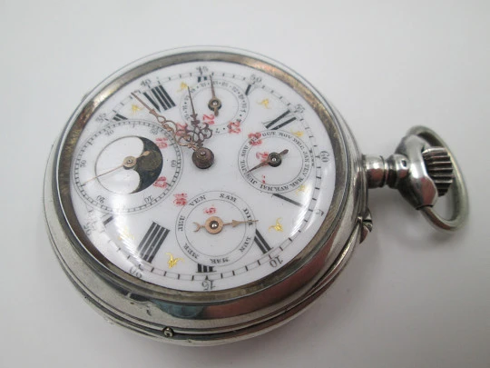 M.P. grand complication pocket watch. 800 silver. Quantiéme Suisse. 1900