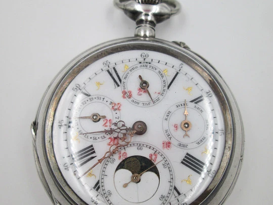 M.P. grand complication pocket watch. 800 silver. Quantiéme Suisse. 1900