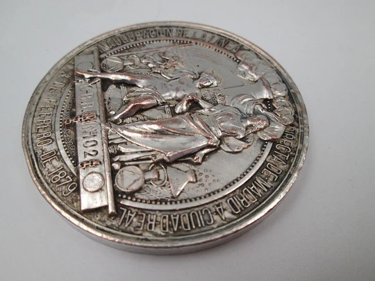Madrid Ciudad Real railway inauguration medal. Silver copper. Esteban Lozano. 1879