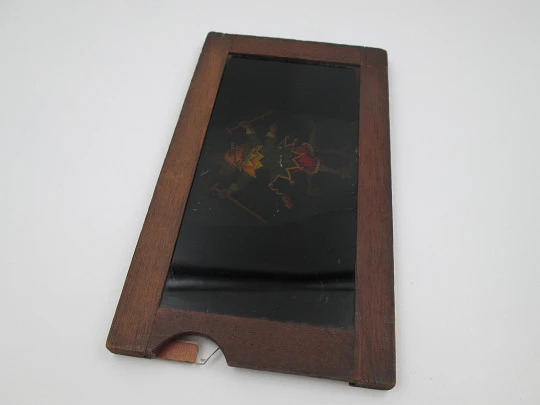 Magic lantern mechanical slide. Single slipping minstrel slide. Wood frame. Europe. 1890's