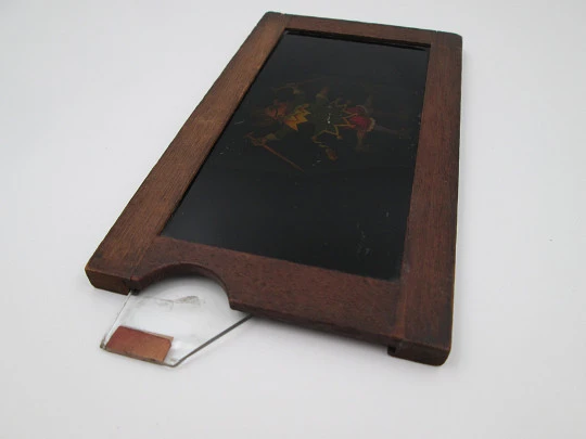 Magic lantern mechanical slide. Single slipping minstrel slide. Wood frame. Europe. 1890's