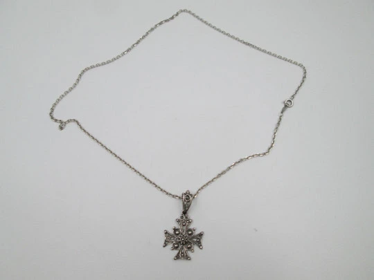 Maltese openwork cross pendant with link chain. Sterling silver. Spring ring clasp. 1990's