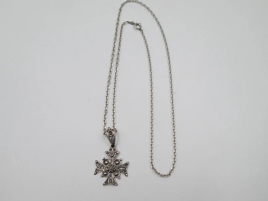 Maltese openwork cross pendant with link chain. Sterling silver. Spring ring clasp. 1990's