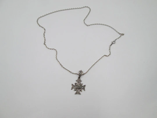 Maltese openwork cross pendant with link chain. Sterling silver. Spring ring clasp. 1990's