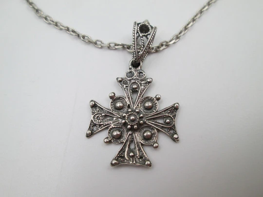 Maltese openwork cross pendant with link chain. Sterling silver. Spring ring clasp. 1990's