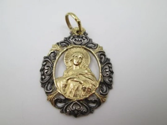 Mary Immaculate openwork medal. Sterling silver & vermeil. Vegetable edge