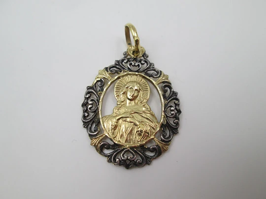 Mary Immaculate openwork medal. Sterling silver & vermeil. Vegetable edge