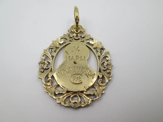 Mary Immaculate openwork medal. Sterling silver & vermeil. Vegetable edge