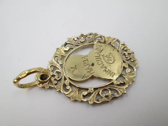 Mary Immaculate openwork medal. Sterling silver & vermeil. Vegetable edge