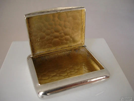 Matchbox holder / vesta case. Silver plated metal. 1940. Hammer work