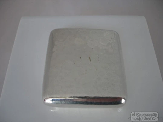 Matchbox holder / vesta case. Silver plated metal. 1940. Hammer work