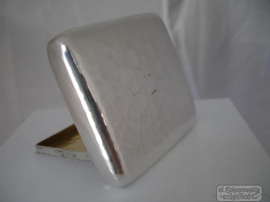 Matchbox holder / vesta case. Silver plated metal. 1940. Hammer work