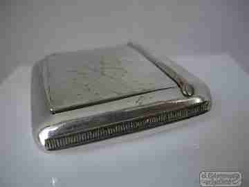 Matchbox holder / vesta case. Silver plated metal. 1940. Hammer work