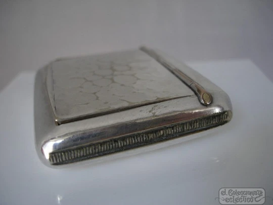 Matchbox holder / vesta case. Silver plated metal. 1940. Hammer work