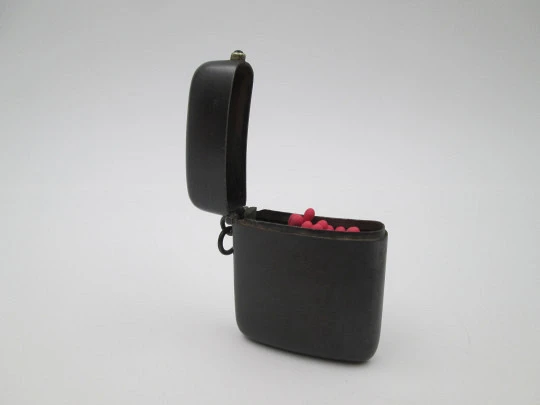 Matchbox / vesta case. Blackened iron and blue gem. Ring & scraper. 1900's. Europe