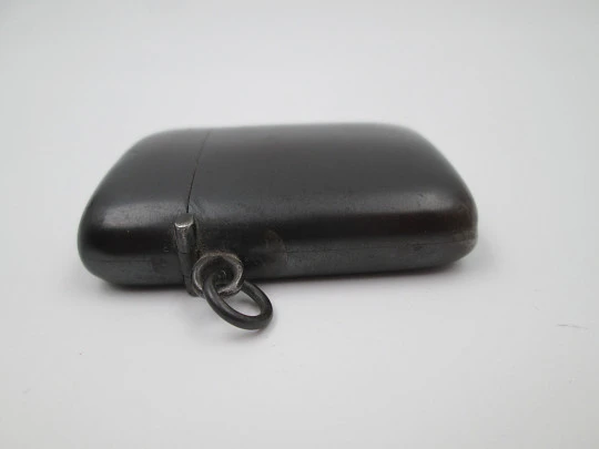 Matchbox / vesta case. Blackened iron and blue gem. Ring & scraper. 1900's. Europe
