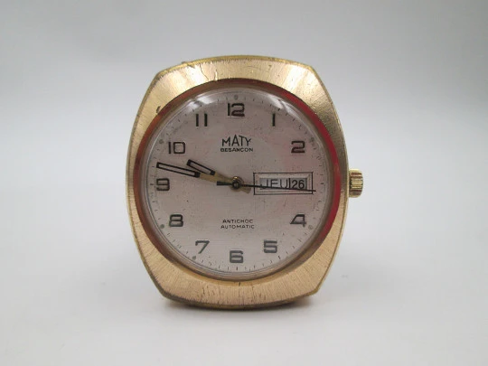 Maty Besancon. Gold plated and steel. Automatic. Calendar. France. 1970's