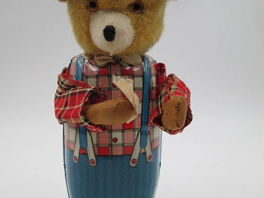 Mechanical bear. Wind-up. Japan. 1950's. Lithographed tinplate, resin & plush