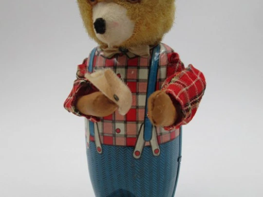 Mechanical bear. Wind-up. Japan. 1950's. Lithographed tinplate, resin & plush