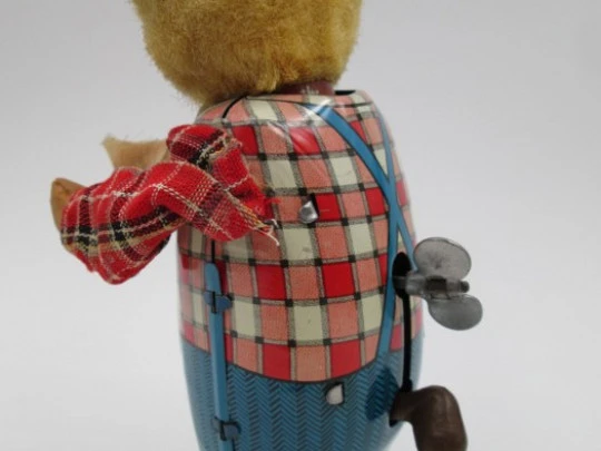 Mechanical bear. Wind-up. Japan. 1950's. Lithographed tinplate, resin & plush