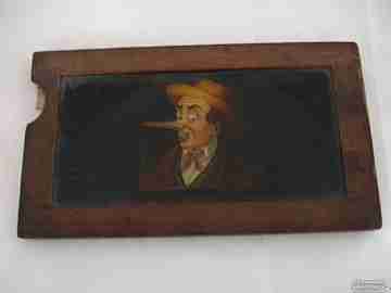 Mechanical magic lantern slide. 19th century. Man with blue eyes