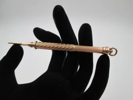 Mechanical propelling twist pencil. Gold plated metal. Europe. 1890's