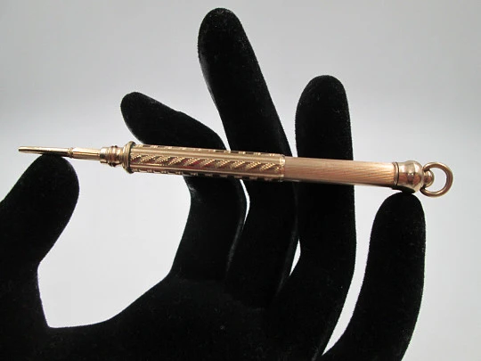 Mechanical propelling twist pencil. Gold plated metal. Europe. 1890's