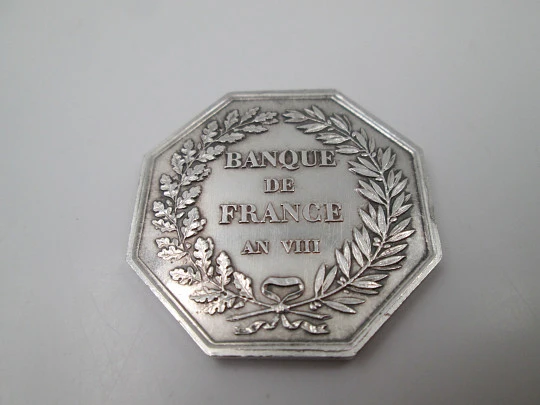 Medalla Banco de Francia. Diosa Minerva. Plata ley 950. Rambert Dumarest. Octogonal. 1800