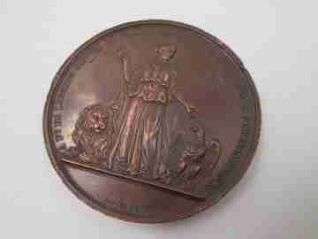 Medalla cobre Bombardeo de Barcelona 1842. Vivier F. Relieve. Francia