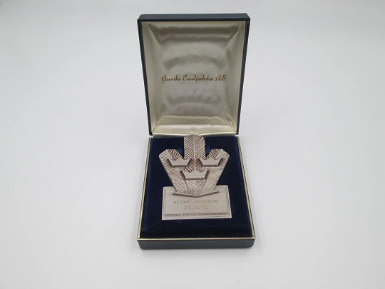 Medalla Federación Sueca de Orientación. Premio élite. Metal plateado. Estuche. 1972