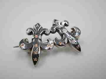 Men's blued sterling silver pin brooch. Gold stars details. Fleurs de lis. 1950's