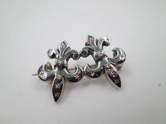 Men's blued sterling silver pin brooch. Gold stars details. Fleurs de lis. 1950's