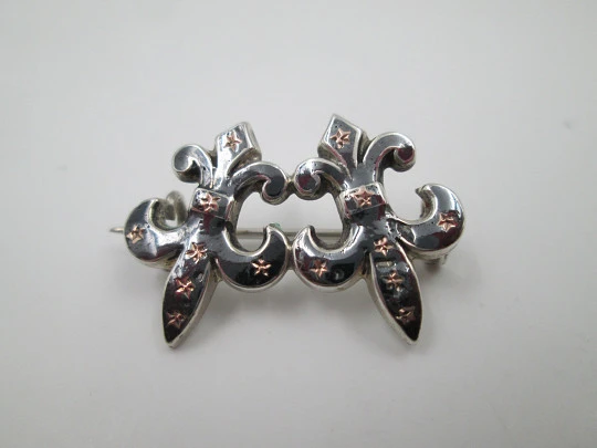 Men's blued sterling silver pin brooch. Gold stars details. Fleurs de lis. 1950's