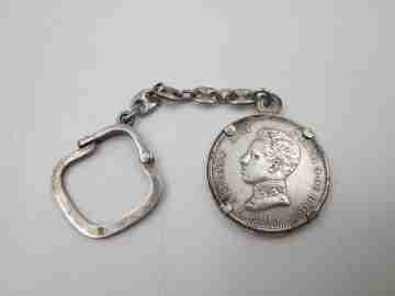Men's keychain. Sterling silver. 2 pesetas coin Alfonso XIII king (1905). Chain and hitch