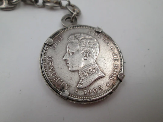 Men's keychain. Sterling silver. 2 pesetas coin Alfonso XIII king (1905). Chain and hitch