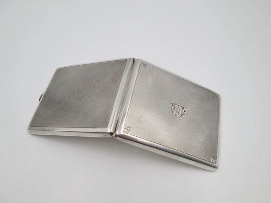 Men's rectangular cigarette case. Sterling silver. Guilloché and acanthus leaves. 1940's