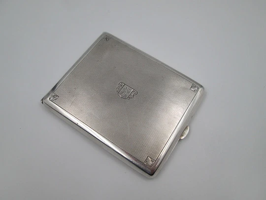 Men's rectangular cigarette case. Sterling silver. Guilloché and acanthus leaves. 1940's