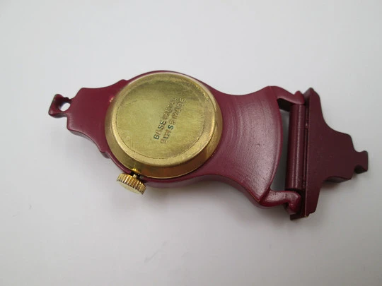 Mentor pendant / desk clock. Gold plated & enamel. Pendulum view