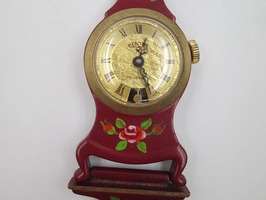 Mentor pendant / desk clock. Gold plated & enamel. Pendulum view