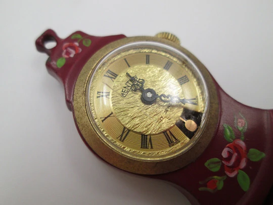 Mentor pendant / desk clock. Gold plated & enamel. Pendulum view