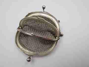 Mesh sterling silver double purse. 1940's. Balls clasp. Europe