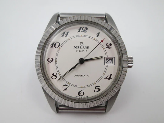 Milus. Stainless steel. Automatic. Calendar. Bracelet. Fluted bezel. 1970's