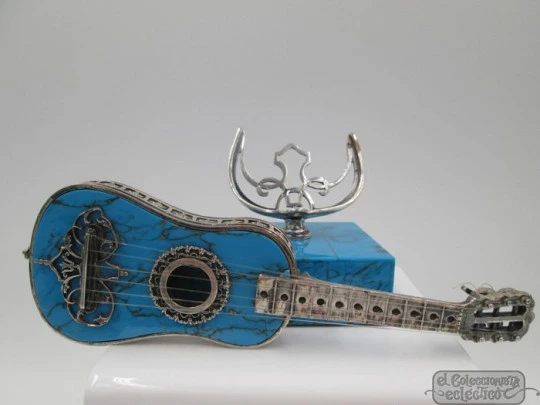 Miniature guitar with stand. 925 sterling silver & marble resin. 1980's