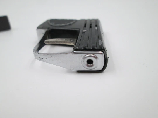 Miniature gun petrol pocket lighter. Silver plated and black lacquer. Box. 1970's