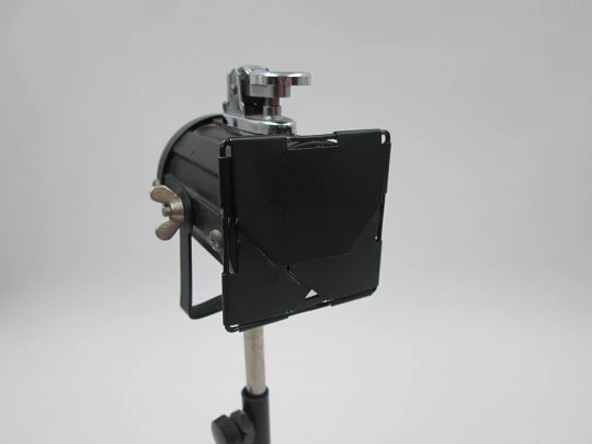 Miniature movie focus gas lighter on tripod. Black lacquer metal. Japan