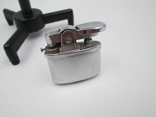 Miniature movie focus gas lighter on tripod. Black lacquer metal. Japan