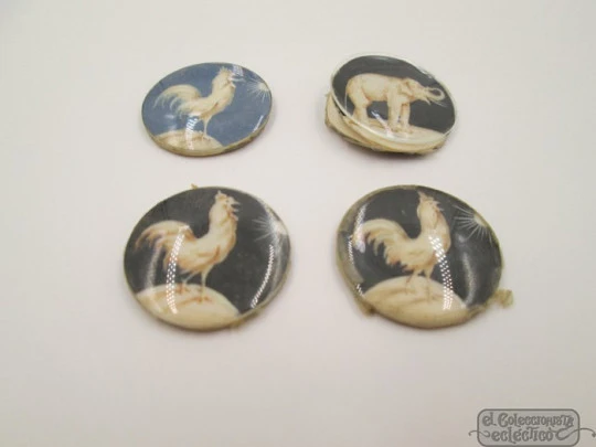 Miniature painting. Roosters and elephant. Circa: 1910-20's