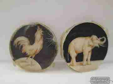 Miniature painting. Roosters and elephant. Circa: 1910-20's