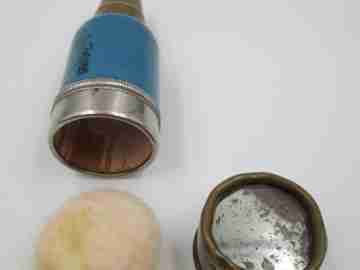 Miniature sewing & makeup case. Bottle shape. 1950. Metal and wood